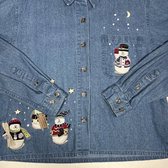 Vintage Christopher & Banks Womens Size M Blue Denim Snowman Crop Shirt Jacket - Picture 5 of 11